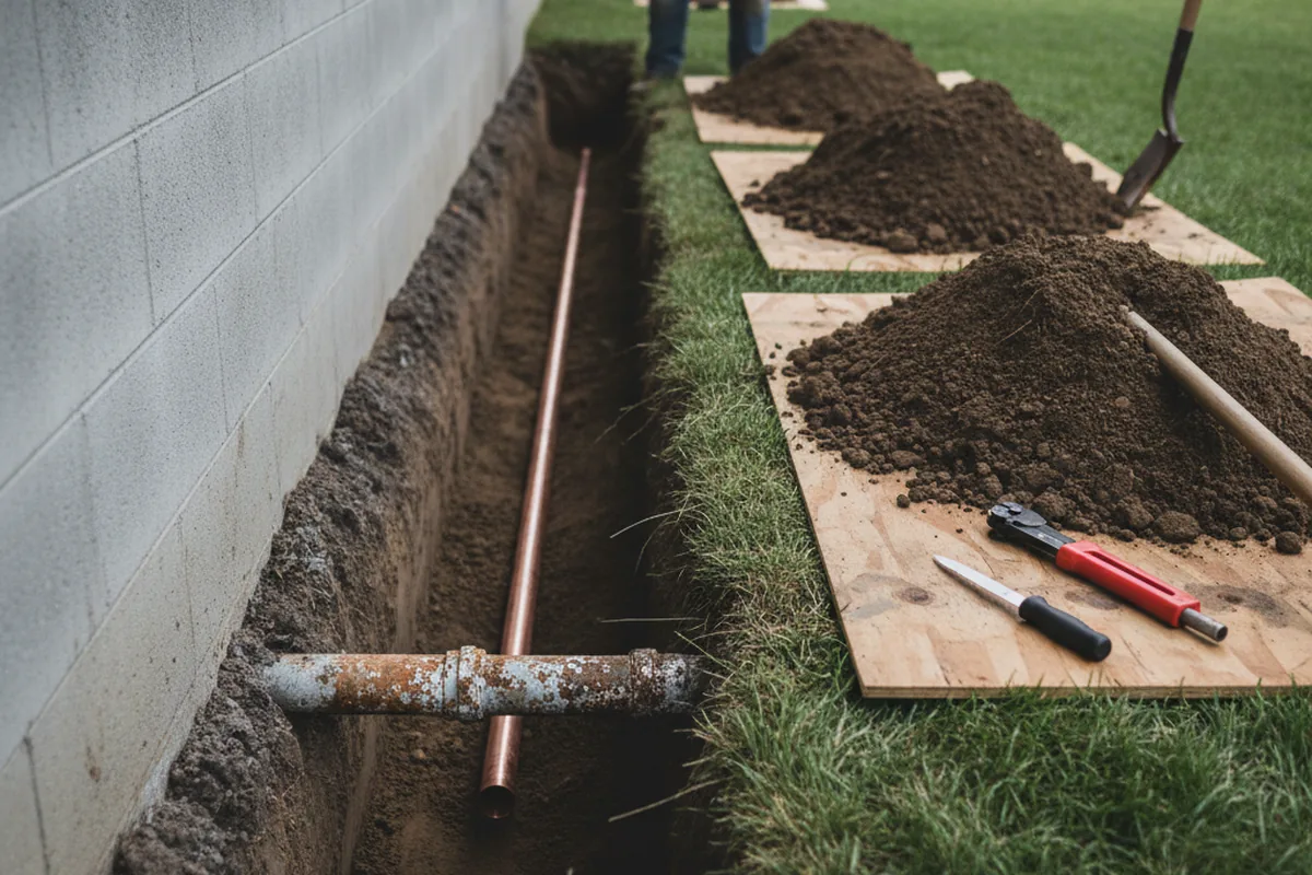 Excavated water line trench during Sewer Line Repair in Amagansett